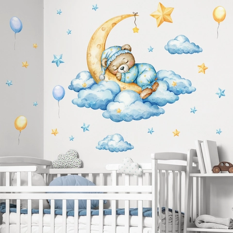 Sticker Mural Ours Endormi Sur La Lune Aquarelle Décalcomanie PVC Amovible Pour Chambre D'enfant Décoration