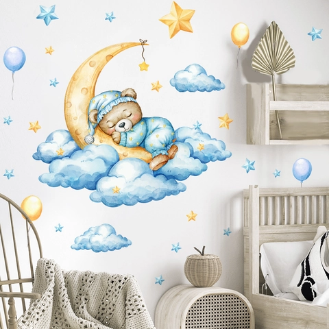 Sticker Mural Ours Endormi Sur La Lune Aquarelle Décalcomanie PVC Amovible Pour Chambre D'enfant Décoration