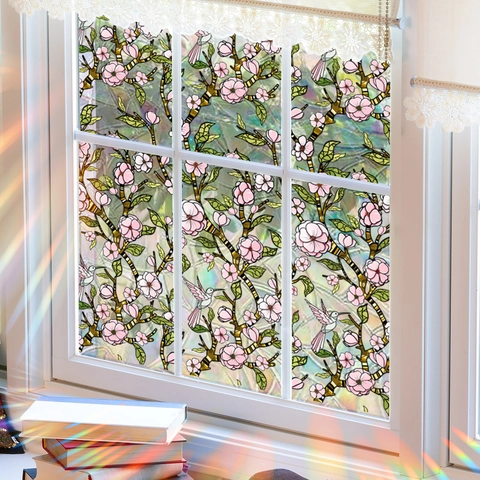 Película Para Ventana Arcoíris Estática Flores Rosas Colibrí Privacidad Calcomanías De Vidrio Decorativo Impermeable