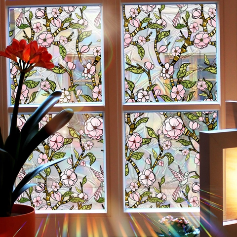 Película Para Ventana Arcoíris Estática Flores Rosas Colibrí Privacidad Calcomanías De Vidrio Decorativo Impermeable
