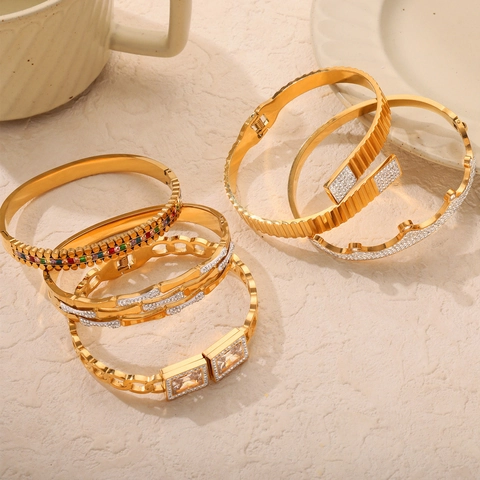 Bracciale Rigido Corona Strass Vintage Acciaio Al Titanio Cavo Geometrico Placcato Oro Gioielli Di Lusso Da Donna