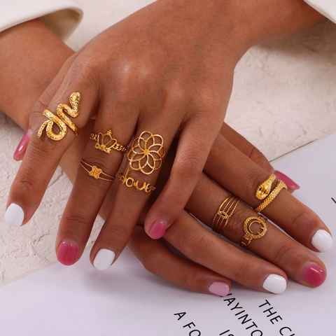 Geometrische Textuur Ring Titanium Staal Verguld Slang Kroon Holle Liefde Minimalistisch Verstelbaar Stapelbaar Sieraden Dames
