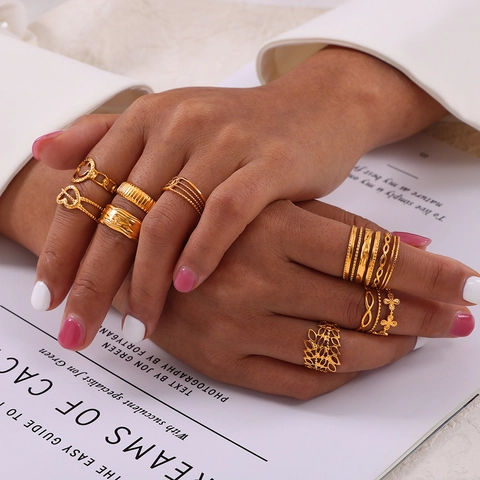 Bague Ouverte Ajustable En Acier Inoxydable Géométrique Creuse Pour Femmes Accessoire De Mode Doré Texturé Minimaliste
