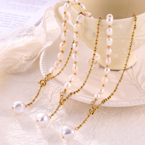Collier En Y Femmes Süßwasserperles Baroques Naturelles Asymetrique Acier Inoxydable Plaque Or Chaine Ajustable