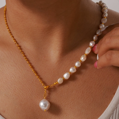 Collier En Y Femmes Süßwasserperles Baroques Naturelles Asymetrique Acier Inoxydable Plaque Or Chaine Ajustable