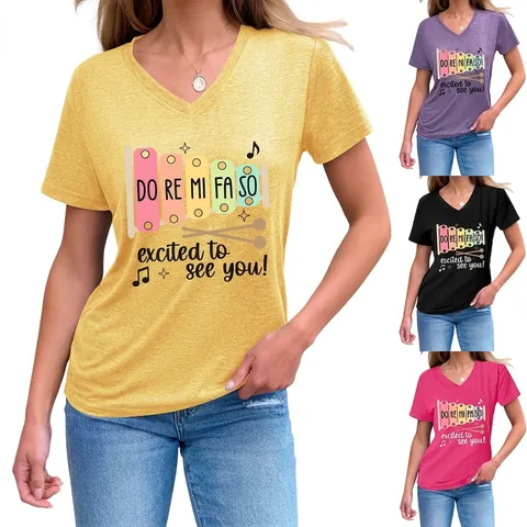 Maglietta da Donna con Scollo a V a Maniche Corte Divertente Stampa Grafica Xilofono Musicale Top Estivo Casual in Misto Cotone