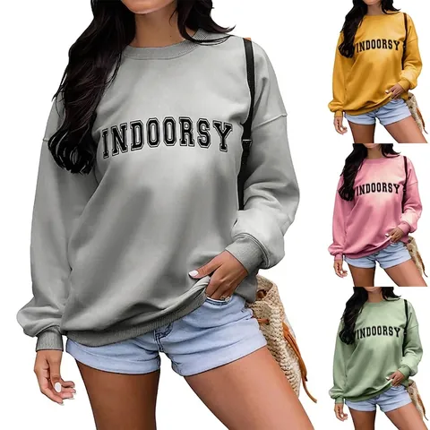 Damen Casual Baumwollmischung Oversize Sweatshirt Indoorsy Buchstabendruck Rundhals Langarm Pullover Oberteile Für Herbst Winter