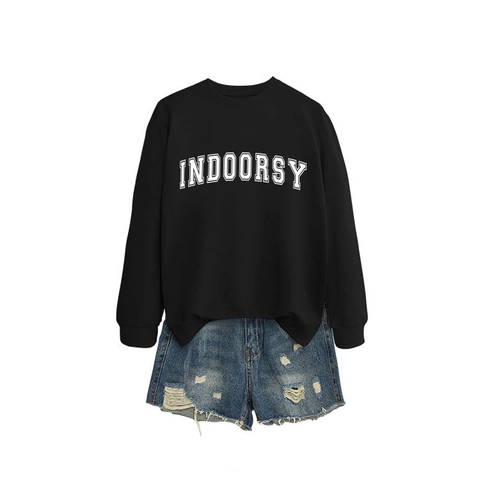 Damen Casual Baumwollmischung Oversize Sweatshirt Indoorsy Buchstabendruck Rundhals Langarm Pullover Oberteile Für Herbst Winter