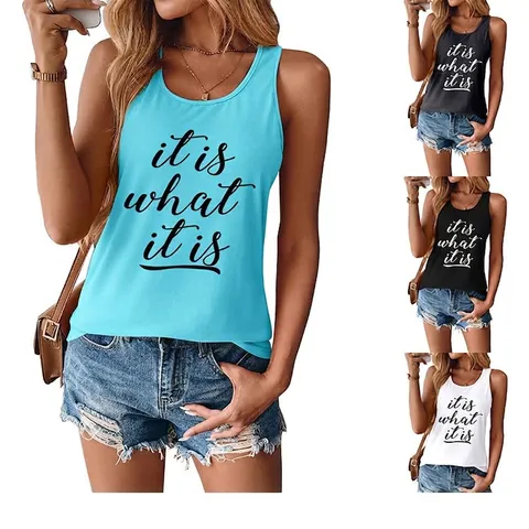 Canotta da Donna Senza Maniche Casual Dorso a Vogatore Stampa Lettere Girocollo Estate Misto Cotone Comoda Top Moda