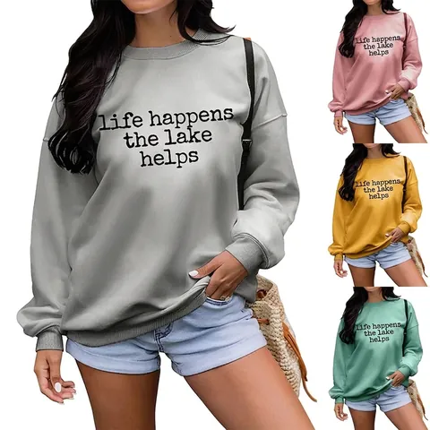 Women's Casual Cotton Blend Round Neck Sweatshirt Life Happens The Lake Helps Letter Print Loose Long Sleeve Pullover Top