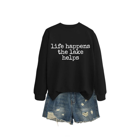 Women's Casual Cotton Blend Round Neck Sweatshirt Life Happens The Lake Helps Letter Print Loose Long Sleeve Pullover Top