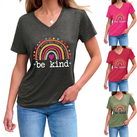 Damen Casual Baumwollmischung T-Shirt V-Ausschnitt Regenbogen Brief Be Kind Druck Kurzarm Lockeres Sommer Top Fashion Kleidung