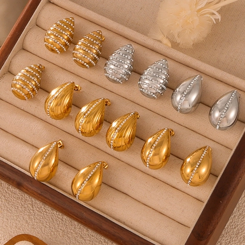 Vintage Titanium Steel Water Drop Stud Earrings With Czech Diamond Rhinestone Gold Silver Plated Jewelry For Women Gift