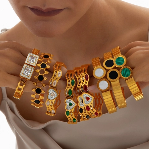 Bracciale Rigido Geometrico in Acciaio al Titanio Vintage Cuore a Nido d'ape Cavo Con Zirconia Intarsiata Conchiglia Numeri Romani Gioielli da Donna