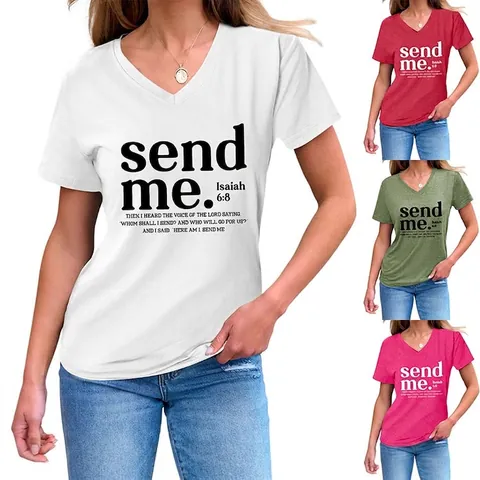 Women V-Neck T-Shirt Cotton Polyester Short Sleeve Send Me Isaiah 6 8 Christian Letter Print Loose Fit Casual Top