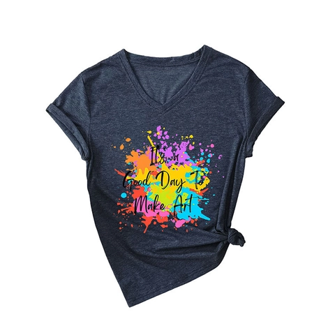 T-Shirt Da Donna Con Scollo A V Misto Cotone Manica Corta Stampa Artistica Colorata Grafica Top Casual Larghi