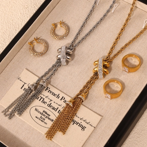 Stainless Steel Rope Chain Necklace Bracelet Earrings Ring Rhinestone Tassel Cross Knot Wedding Banquet Jewelry For Women