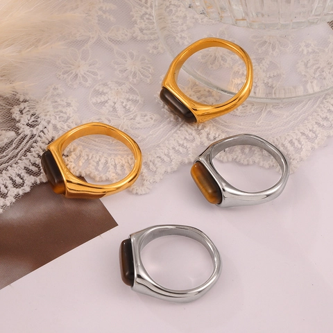 Anillo Vintage De Piedra Ojo De Tigre Acero De Titanio Banda Pulida Joyería De Piedra Preciosa Rectangular Para Mujeres Hombres