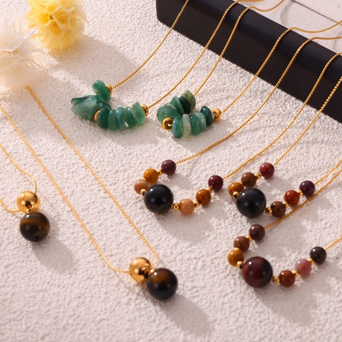 Titanium Steel Natural Stone Beaded Necklace For Women Minimalist Tiger's Eye Agate Green Aventurine Handmade Jewelry Gift