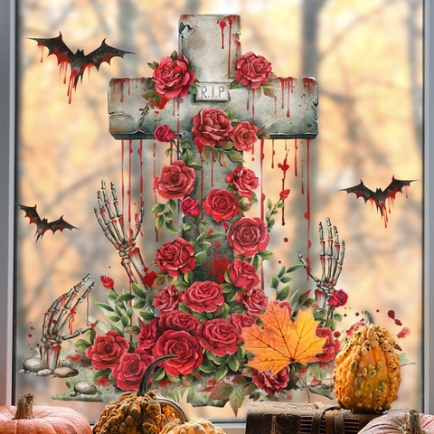 Adesivo per Finestra Halloween Gotico Rosa Rossa Croce Pipistrello Mano di Scheletro PVC Fronte Retro Decorazione Festa