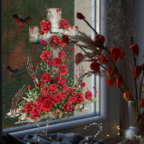 Adesivo per Finestra Halloween Gotico Rosa Rossa Croce Pipistrello Mano di Scheletro PVC Fronte Retro Decorazione Festa