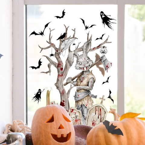 Halloween Window Stickers PVC Static Cling Removable Double Sided Scary Rabbit Bats Ghost Tombstone Glass Decals Holiday