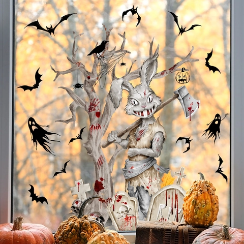 Halloween Window Stickers PVC Static Cling Removable Double Sided Scary Rabbit Bats Ghost Tombstone Glass Decals Holiday
