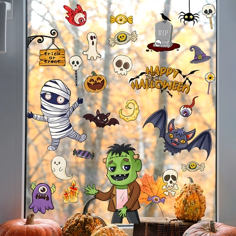Autocollants Fenêtre Halloween Statiques PVC Dessins Animés Citrouille Fantôme Chauve-Souris Décoration