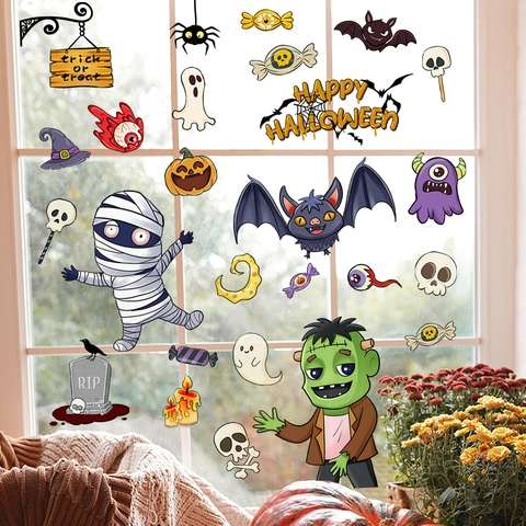 Autocollants Fenêtre Halloween Statiques PVC Dessins Animés Citrouille Fantôme Chauve-Souris Décoration