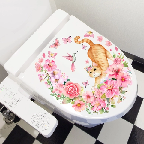 Pink Floral Cat Toilet Sticker Removable PVC Decal Hummingbird Butterfly Bathroom Decor Self Adhesive Toilet Lid Art
