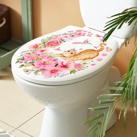 Pink Floral Cat Toilet Sticker Removable PVC Decal Hummingbird Butterfly Bathroom Decor Self Adhesive Toilet Lid Art