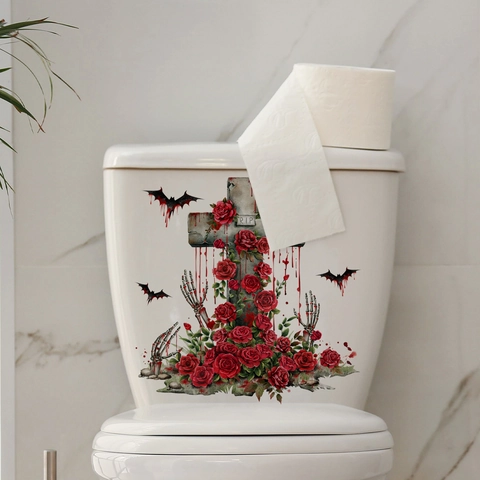 Autocollant De Toilettes Halloween Gothique Rose Rouge Croix RIP Chauve-souris Main De Squelette Imperméable PVC Décoration