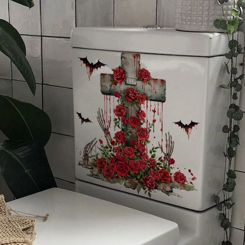Autocollant De Toilettes Halloween Gothique Rose Rouge Croix RIP Chauve-souris Main De Squelette Imperméable PVC Décoration