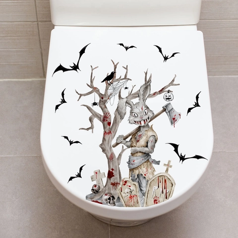 Halloween Toilettenaufkleber Gruseliger Zombie Hase Fledermäuse Grabstein Wasserdichtes PVC Dekor Für Badezimmer