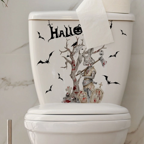 Halloween Toilettenaufkleber Gruseliger Zombie Hase Fledermäuse Grabstein Wasserdichtes PVC Dekor Für Badezimmer