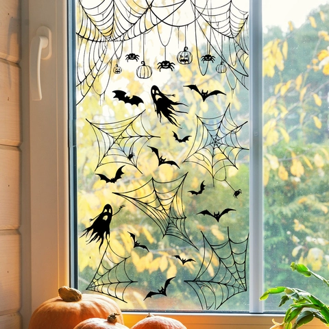 Halloween Vensterstickers Zwarte Silhouet Vleermuis Spinnenweb Geest PVC Verwijderbaar Statische Stickers Voor Glas Feest