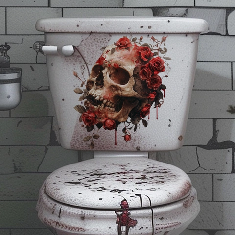 Autocollant De Toilettes Crâne Gothique Et Rose PVC Étanche Halloween Empreinte De Main Sanglante Décoration Murale Horreur Salle De Bain