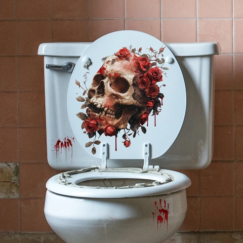 Autocollant De Toilettes Crâne Gothique Et Rose PVC Étanche Halloween Empreinte De Main Sanglante Décoration Murale Horreur Salle De Bain