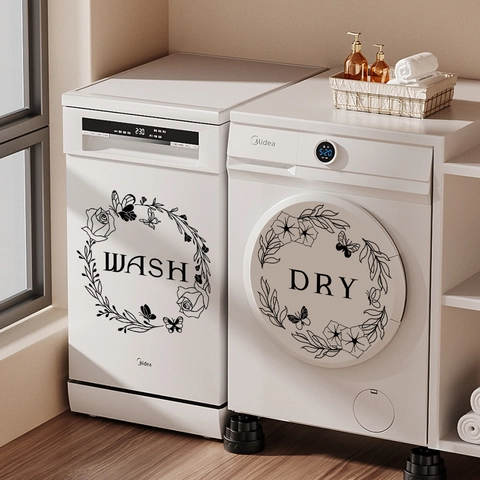 Stickers Muraux PVC Lavage Séchage Fleurs Papillon Décalcomanies Amovibles pour Lave-Linge Sèche-Linge Buanderie Décoration Maison