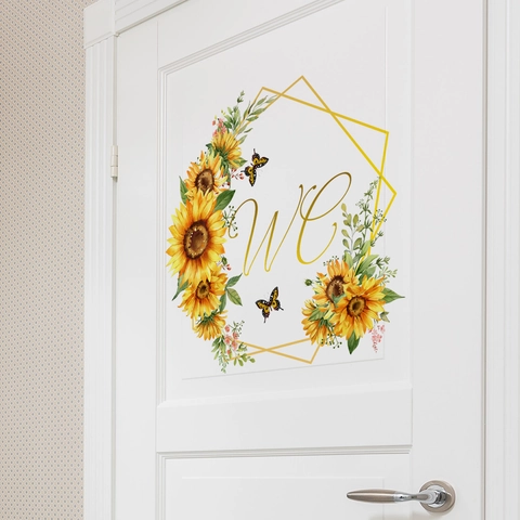 Pastoral Sunflower Floral PVC Wall Stickers For Bathroom Bedroom Door Self Adhesive Decorative Decal Butterfly Pattern