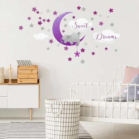 Cartoon Elefant Schläft Auf Dem Mond Wandaufkleber PVC Wasserdicht Sweet Dreams Stern Aufkleber Für Kinderzimmer Schlafzimmer Dekor