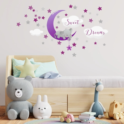 Cartoon Elefant Schläft Auf Dem Mond Wandaufkleber PVC Wasserdicht Sweet Dreams Stern Aufkleber Für Kinderzimmer Schlafzimmer Dekor