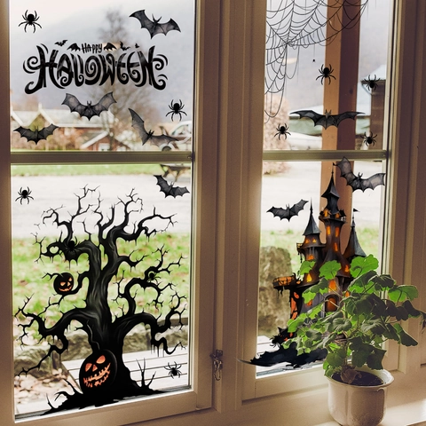 Halloween Window Cling Stickers PVC Static Removable Silhouette Castle Bat Spider Web Pumpkin For Holiday Party Home Decor