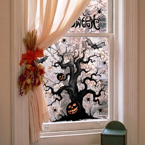 Halloween Window Cling Stickers PVC Static Removable Silhouette Castle Bat Spider Web Pumpkin For Holiday Party Home Decor