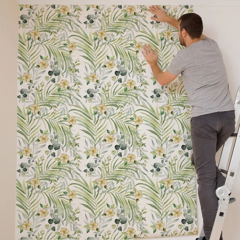 Floral Palm Leaves PVC Self-Adhesive Wallpaper Pastoral Tropical Wall Sticker Living Room Bedroom Furniture Renovation