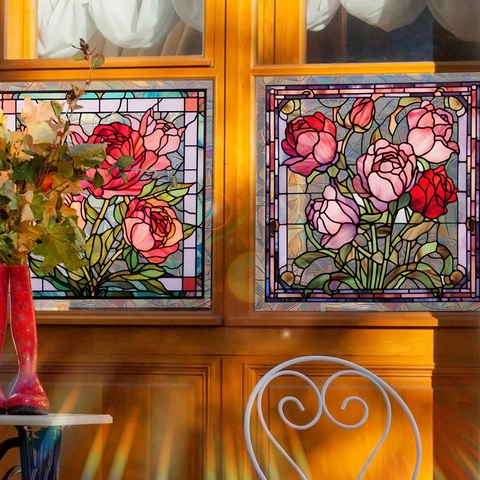 Fensterfolie Buntglas Rose Blumenmuster Statisch Haftend Transluzent Dekorative Glasaufkleber Kleberfrei Tiffany Stil