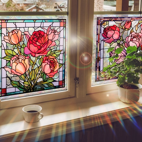 Fensterfolie Buntglas Rose Blumenmuster Statisch Haftend Transluzent Dekorative Glasaufkleber Kleberfrei Tiffany Stil