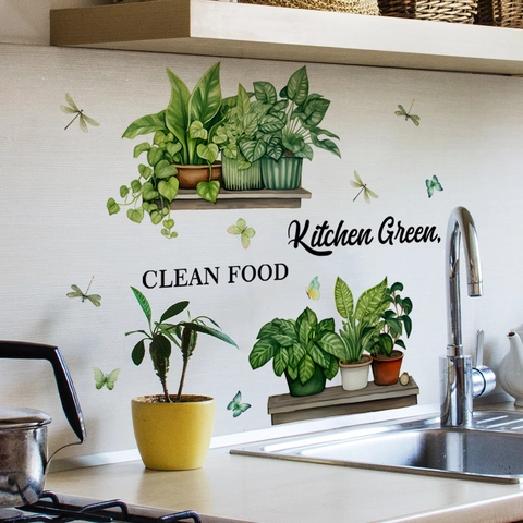 Kitchen Wall Stickers PVC Potted Plants Butterfly Dragonfly Decals Kitchen Green Clean Food Self Adhesive Decor