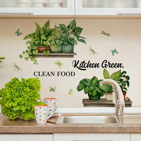 Kitchen Wall Stickers PVC Potted Plants Butterfly Dragonfly Decals Kitchen Green Clean Food Self Adhesive Decor