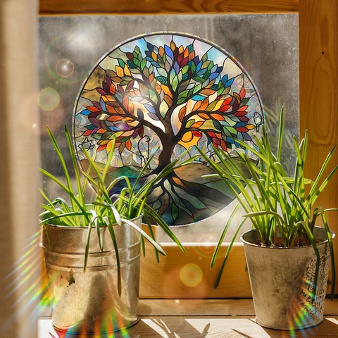 Tree Of Life Window Film Colorful Stained Glass Style Static Cling Suncatcher Double Sided Decoration Removable Non Adhesive